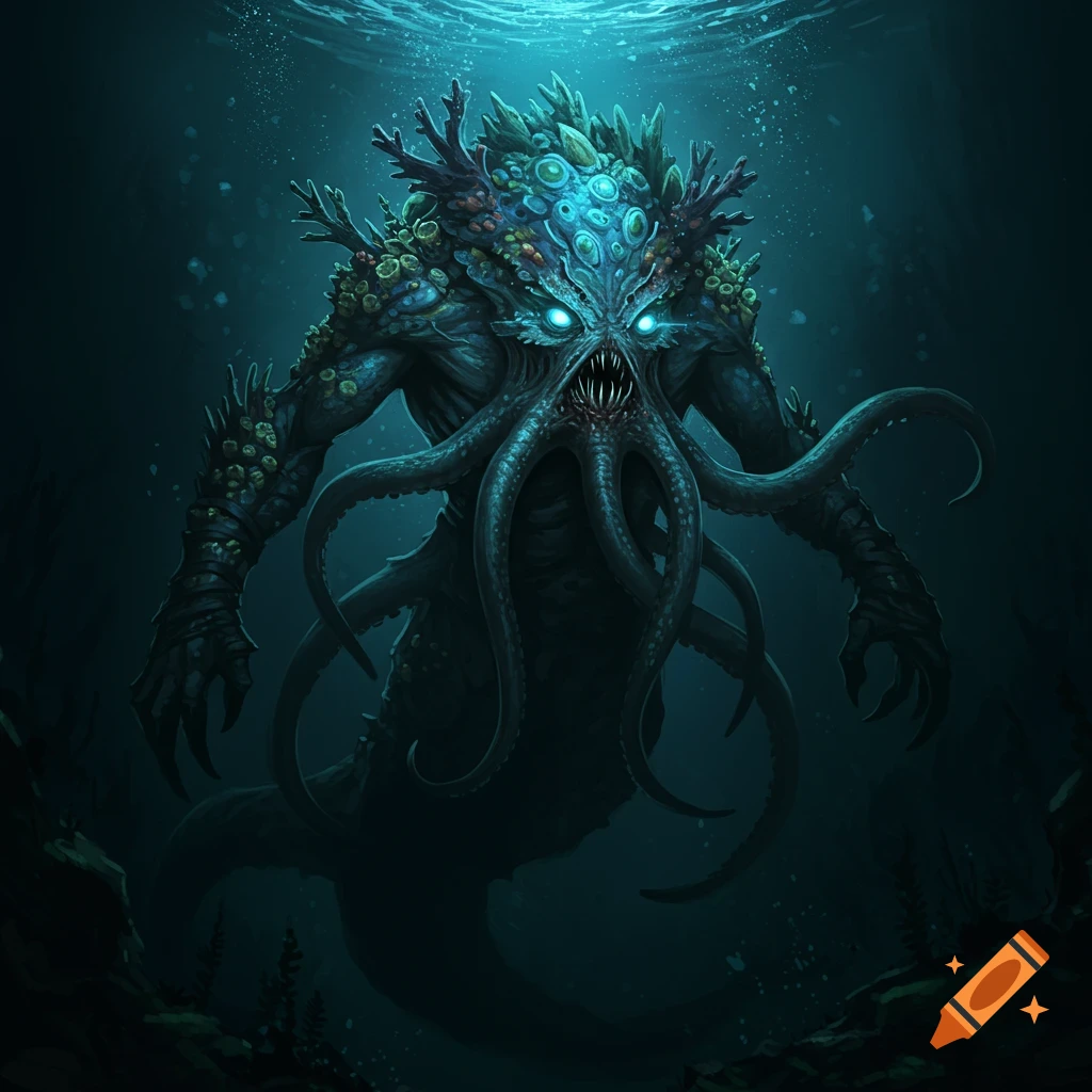 A monstrous creature with tentacles and glowing eyes is depicted underwater.