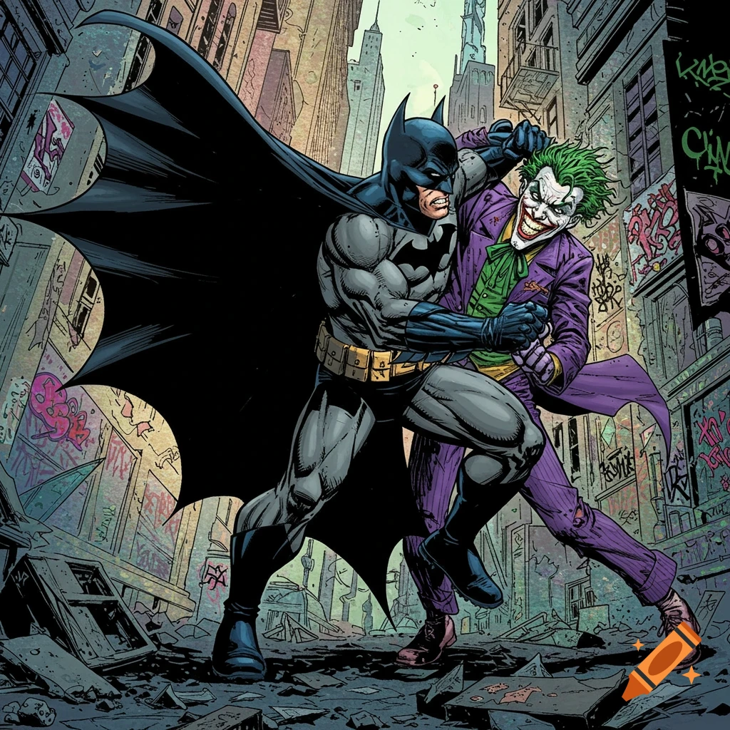 Comic book illustration of Batman fighting the Joker in a graffiti-covered alley.