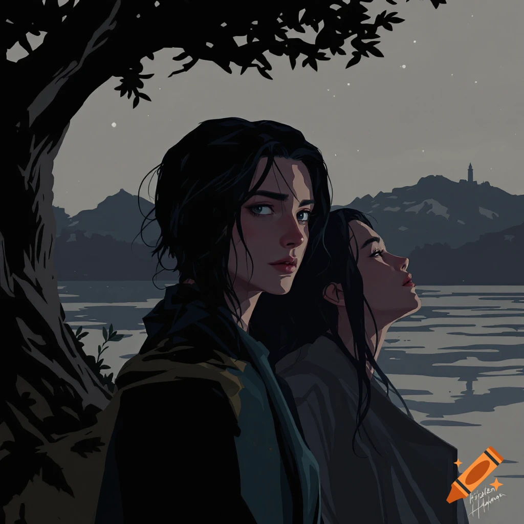 Two women standing near a lake and tree at night.