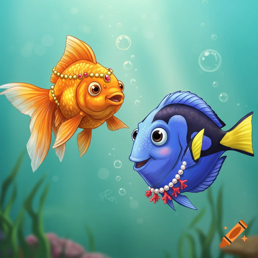 Two cartoon fish, a goldfish and a blue tang, wearing necklaces in an underwater scene.
