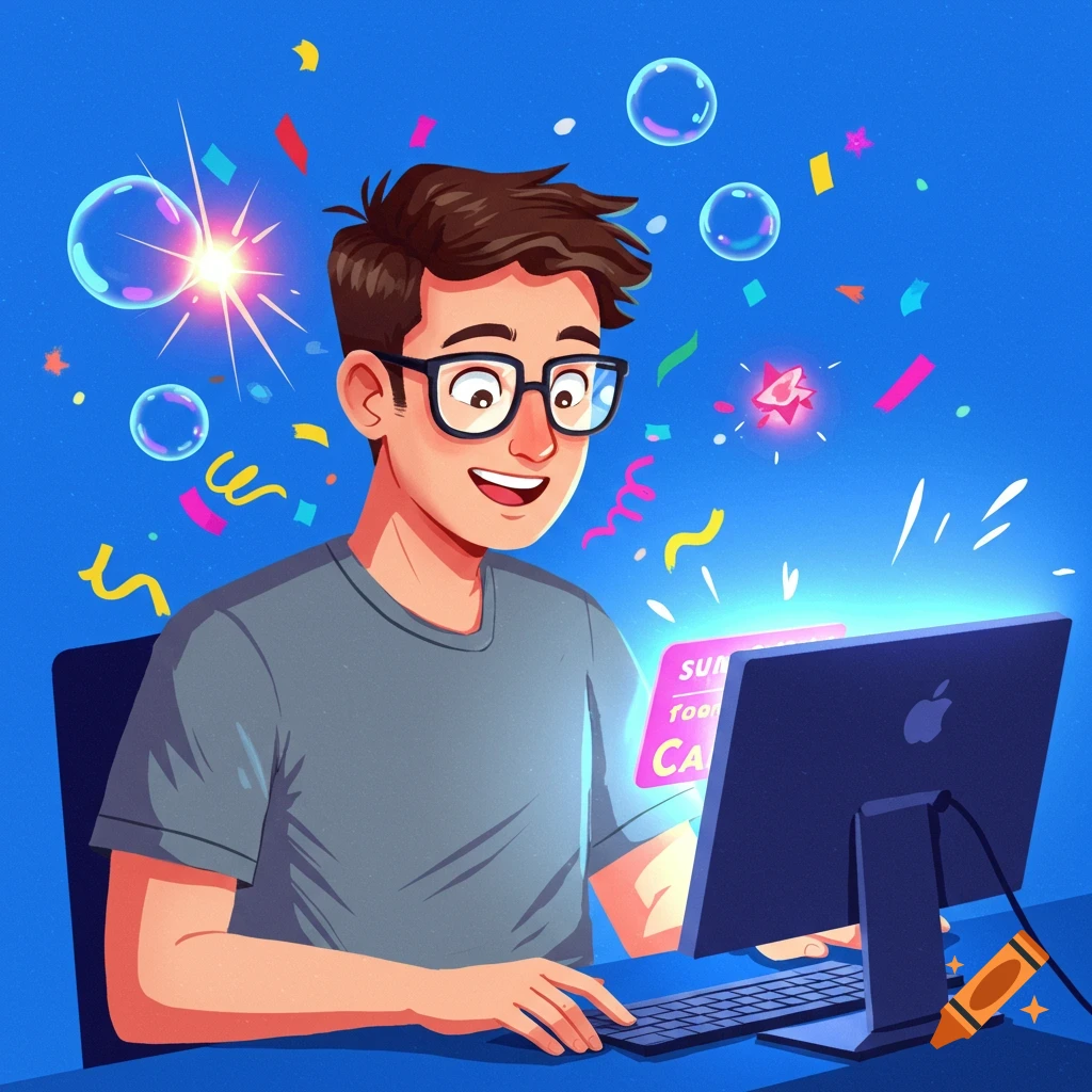 Illustration of a person happily looking at a computer screen with bubbles and confetti