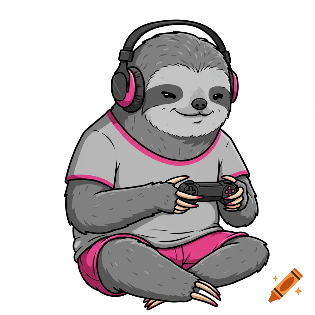 Vector graphic of a cartoon sloth wearing headphones and holding a game controller.