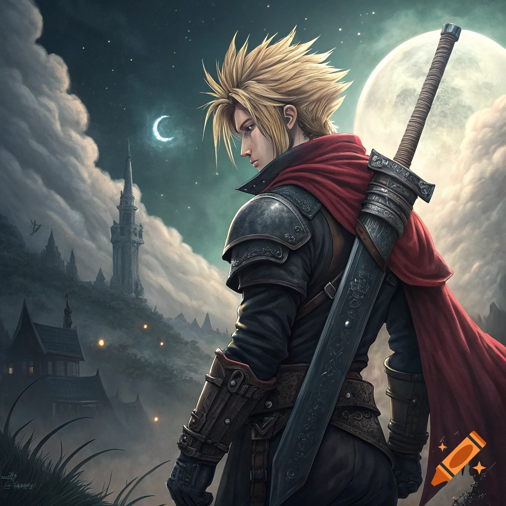 Cloud Strife in fantasy armor carrying a sword under a moonlit sky, Yoshitaka Amano style.