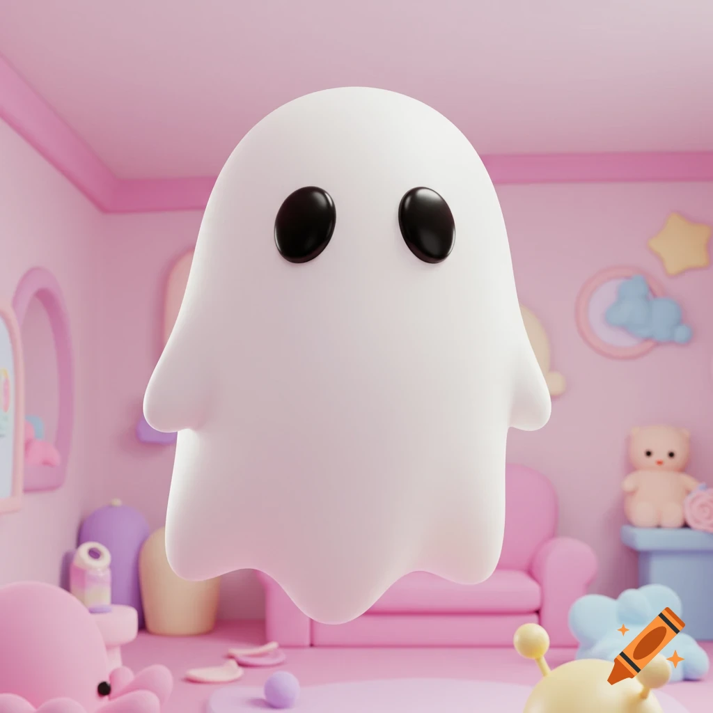 A white cartoon ghost floats in a soft pink room filled with toys and furniture.