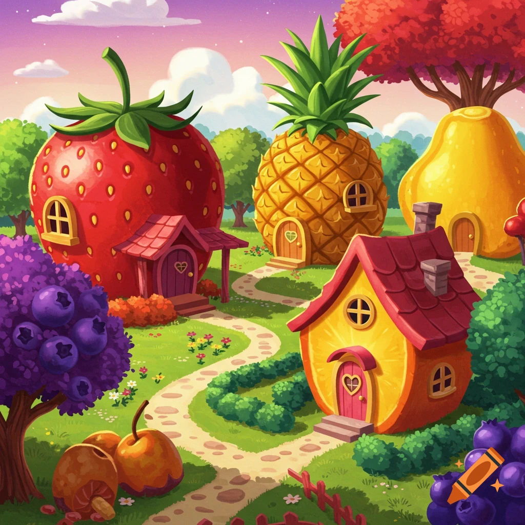 Houses shaped like fruits (strawberry, pineapple, pear, orange) in a whimsical landscape.