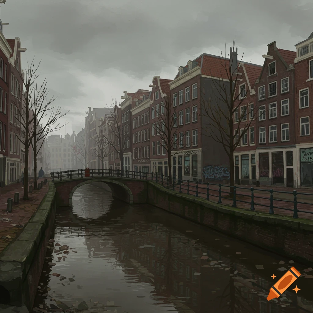 Bleak urban canal scene resembling Amsterdam on a grey day.