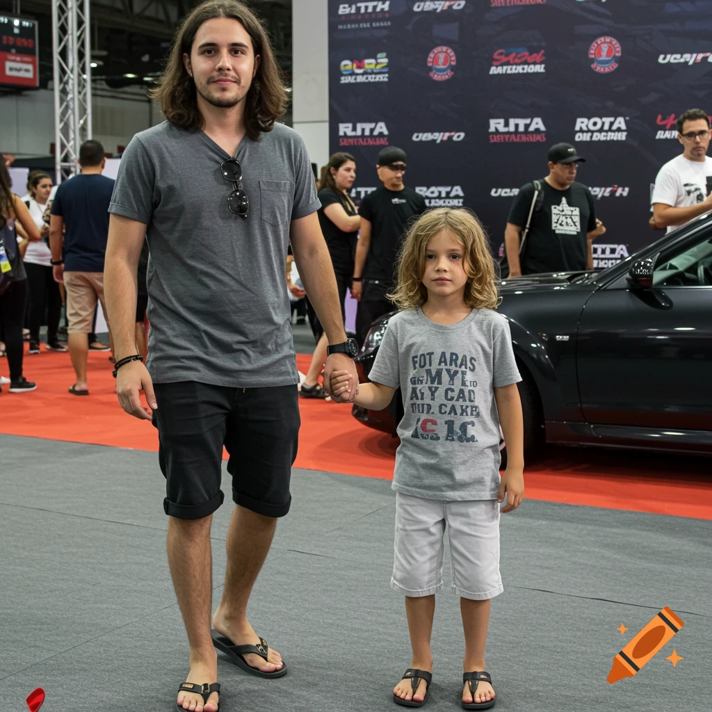 Man and child hold hands at a car convention with banners and a car in the background.