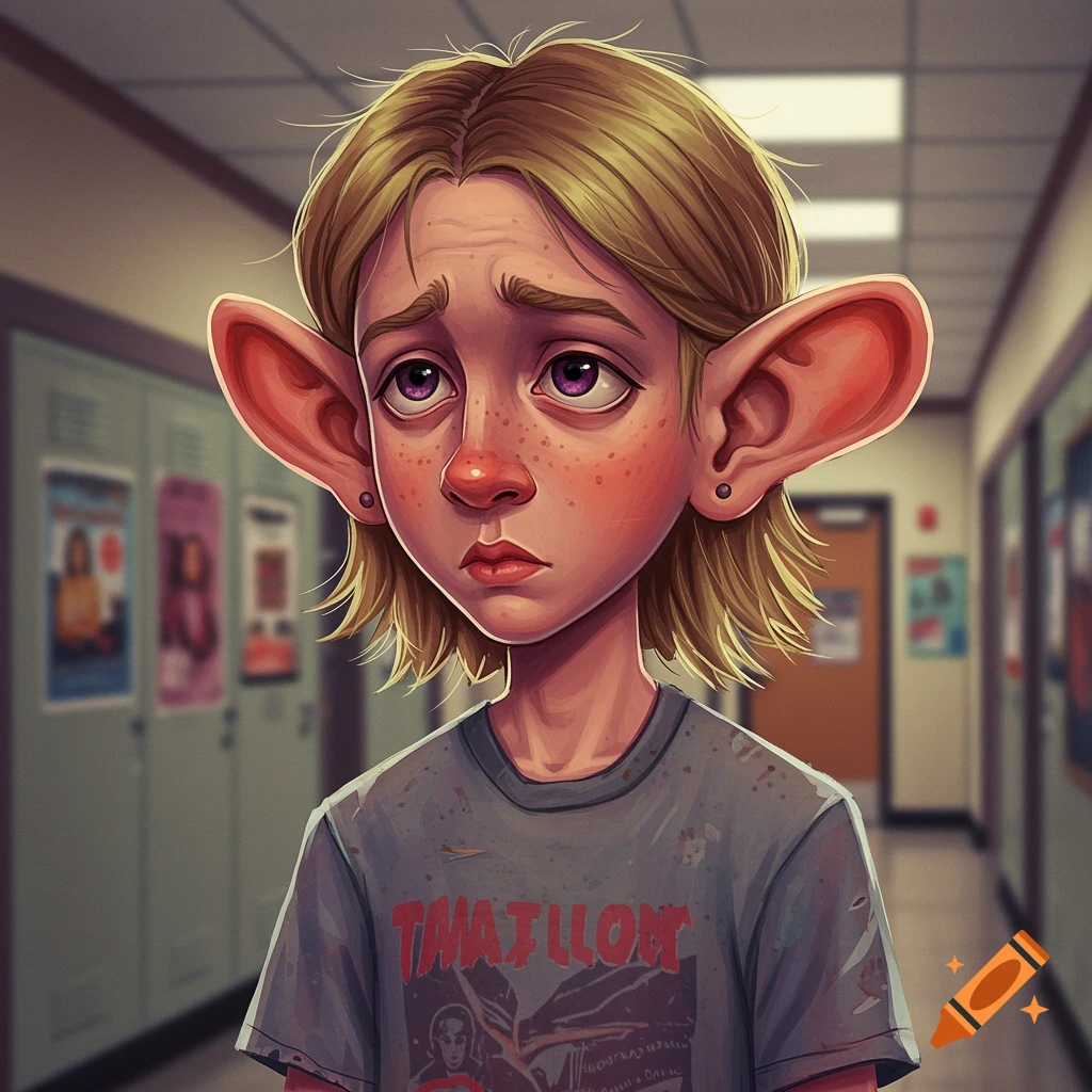 Cartoon portrait of a middle schooler with large ears in a school hallway.