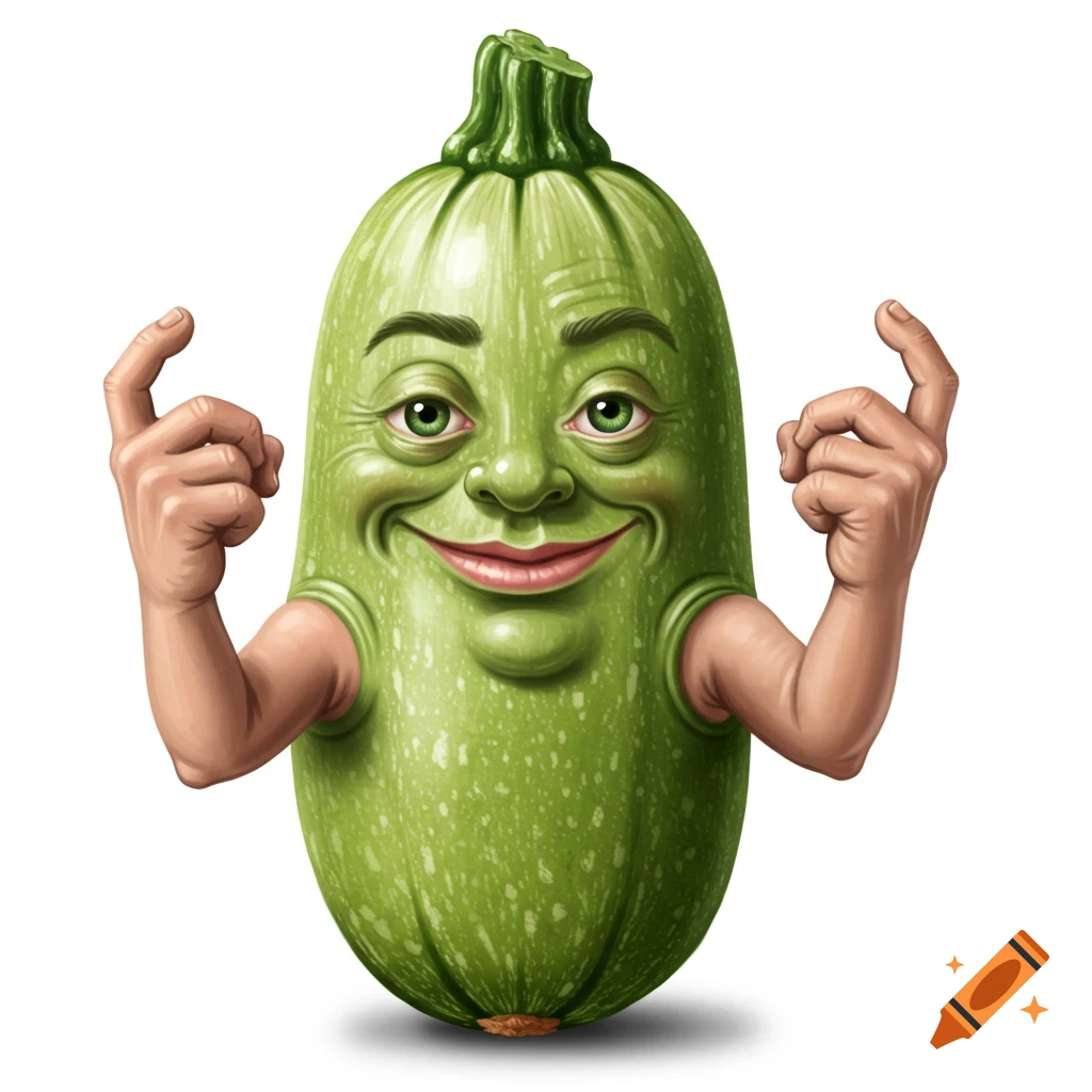 A smiling green zucchini with a face and hands.