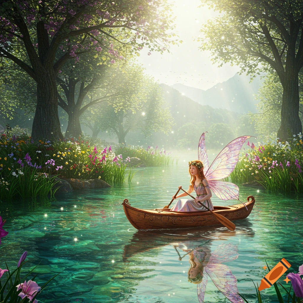 A fairy with iridescent wings paddles a boat on a lake in a magical forest. Sunlight streams through the trees.
