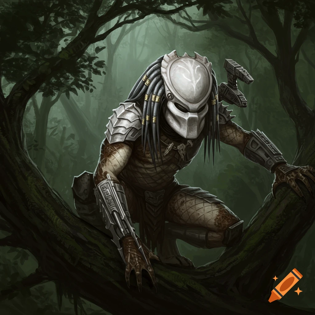 Predator creature crouched in a forest tree.
