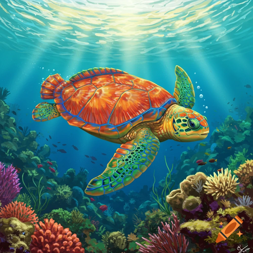 Colorful image of a sea turtle swimming above a coral reef