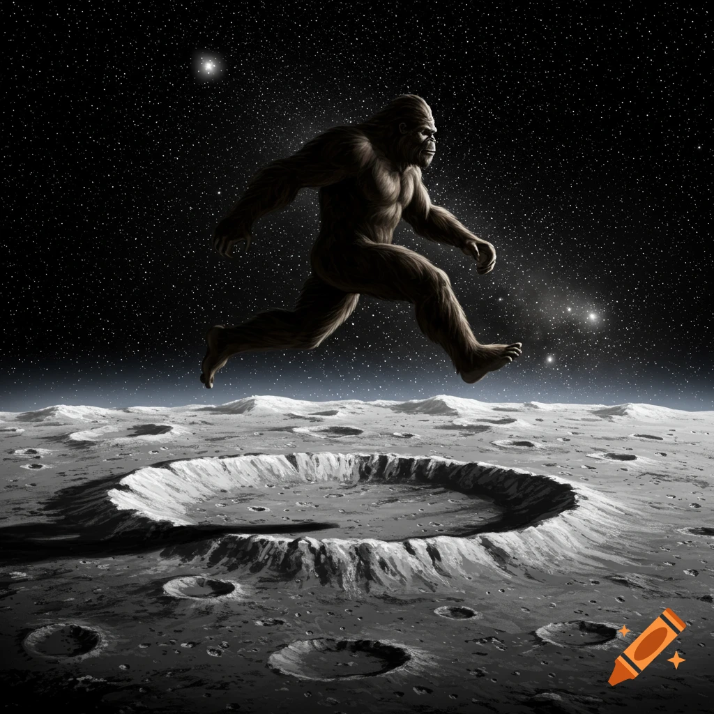 Bigfoot jumping over a large crater on the moon with stars in the background.