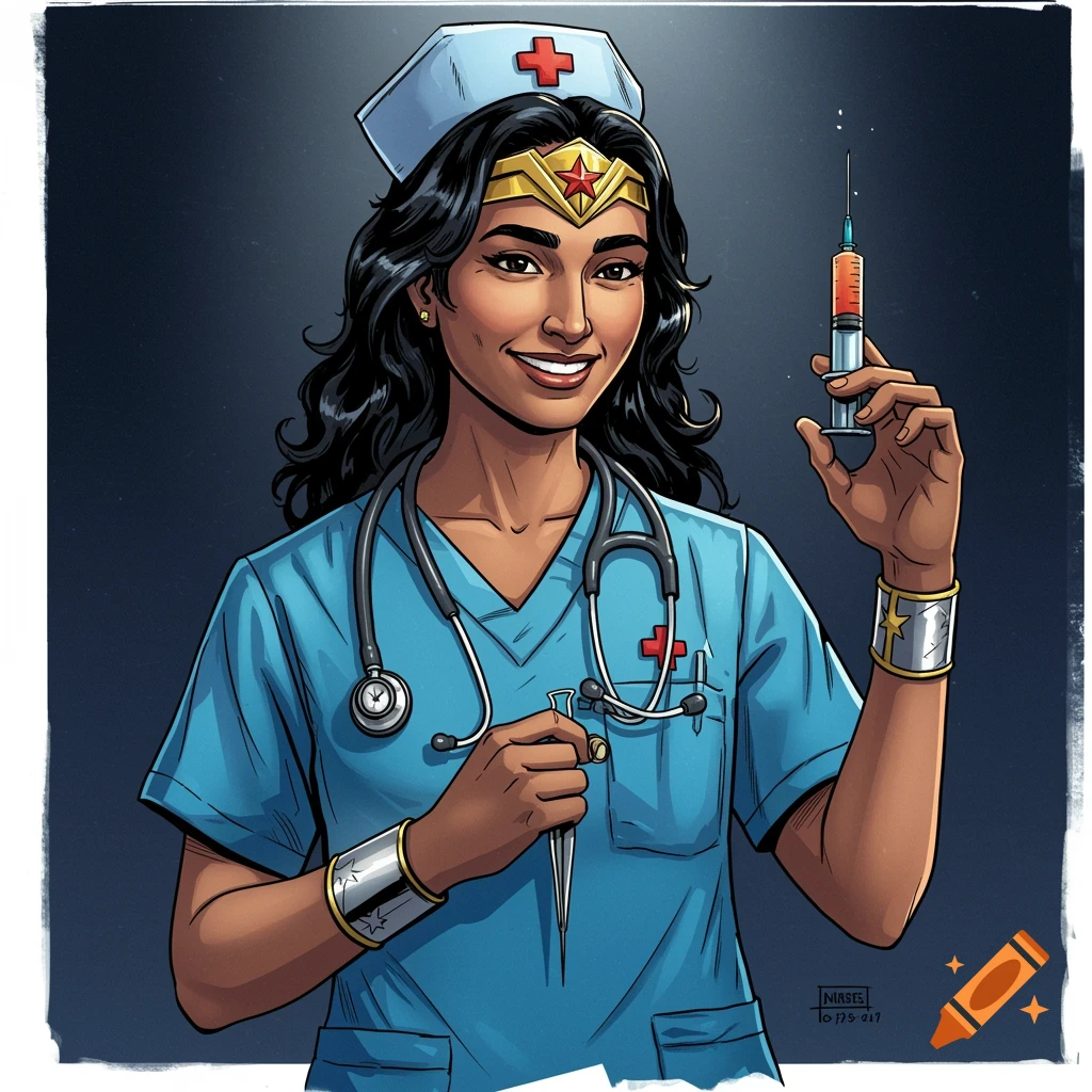 Comic art of a smiling South Asian nurse fused with Wonder Woman, holding a syringe and scalpel.