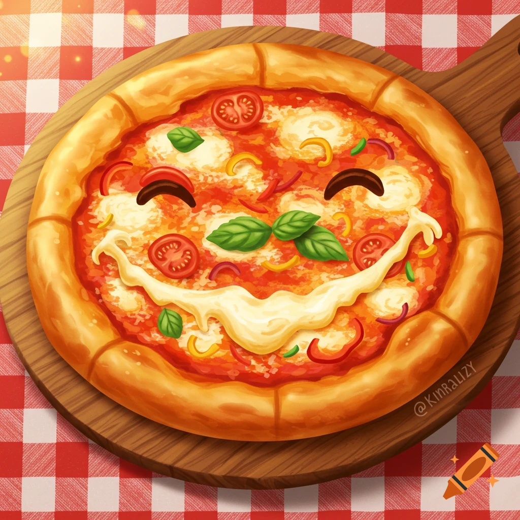 A smiling pizza with mozzarella eyes and basil eyebrows on a wooden board, digital art style.