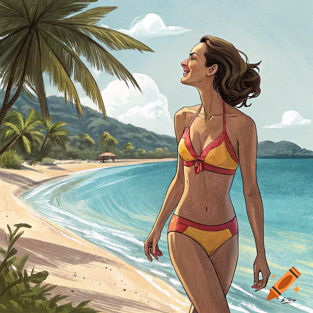 Illustration of a woman in a bikini walking on a tropical beach.
