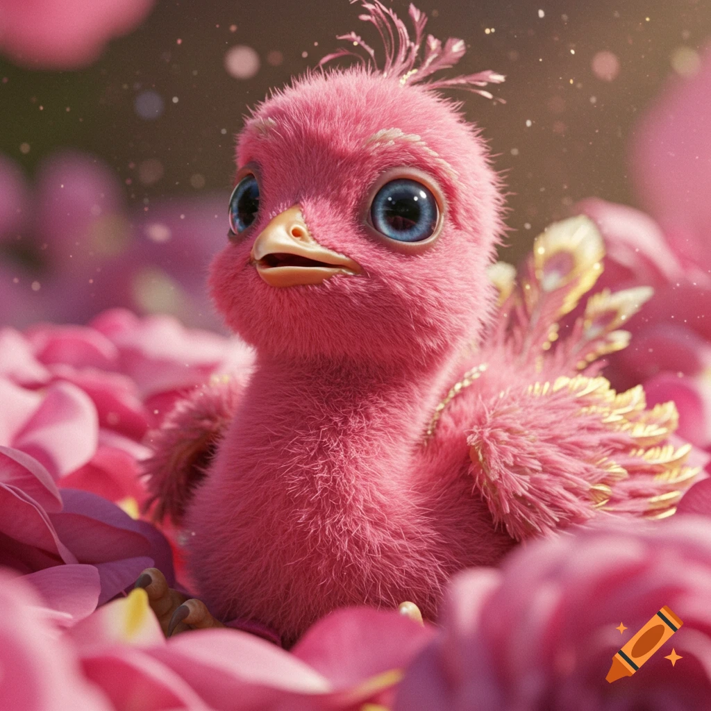 A cute, fluffy pink baby bird with large blue eyes sits among pink flower petals.