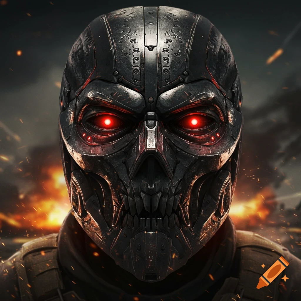 Close-up of a dark, metallic mask with glowing red eyes against a fiery background.