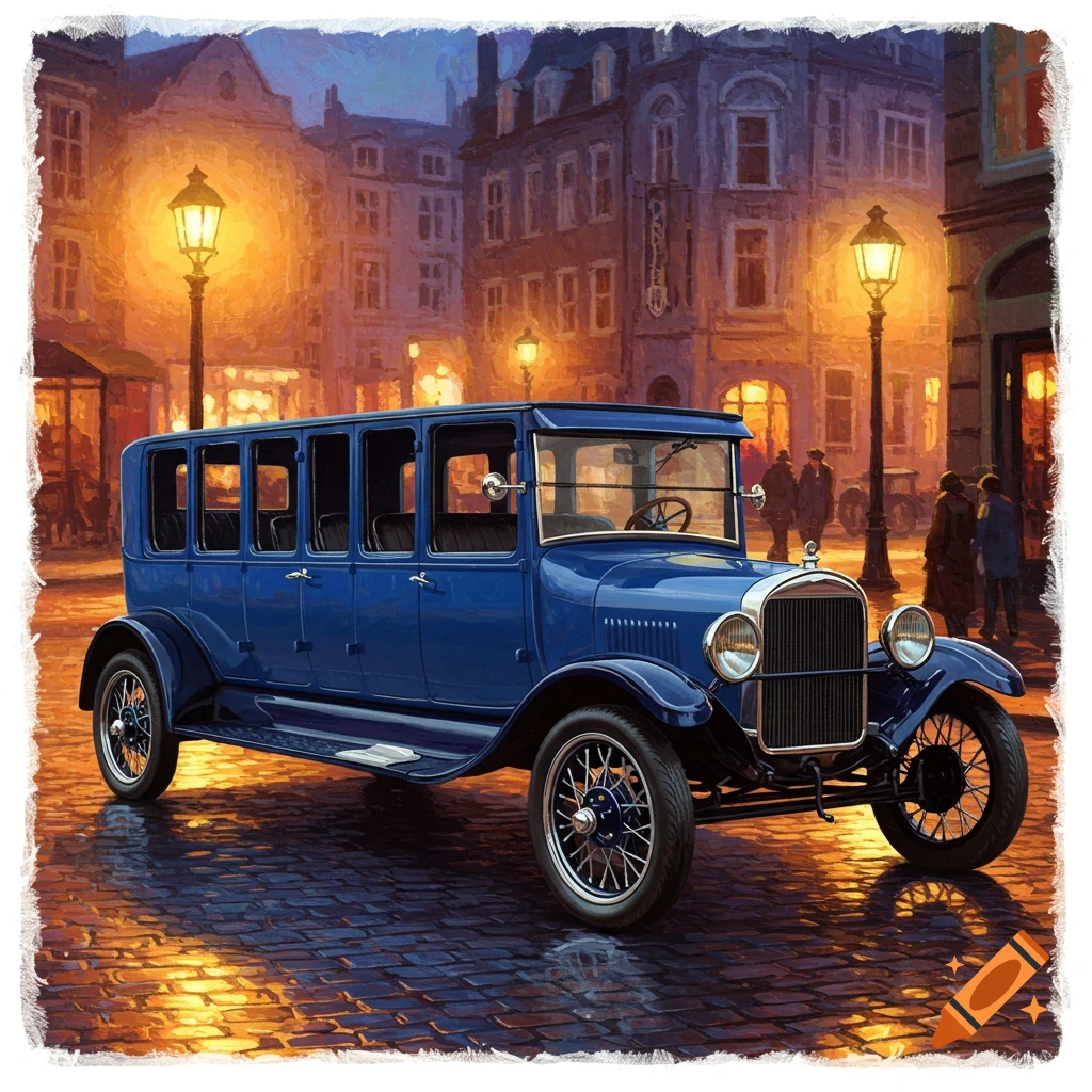 A blue vintage car is parked on a wet cobblestone street at night.
