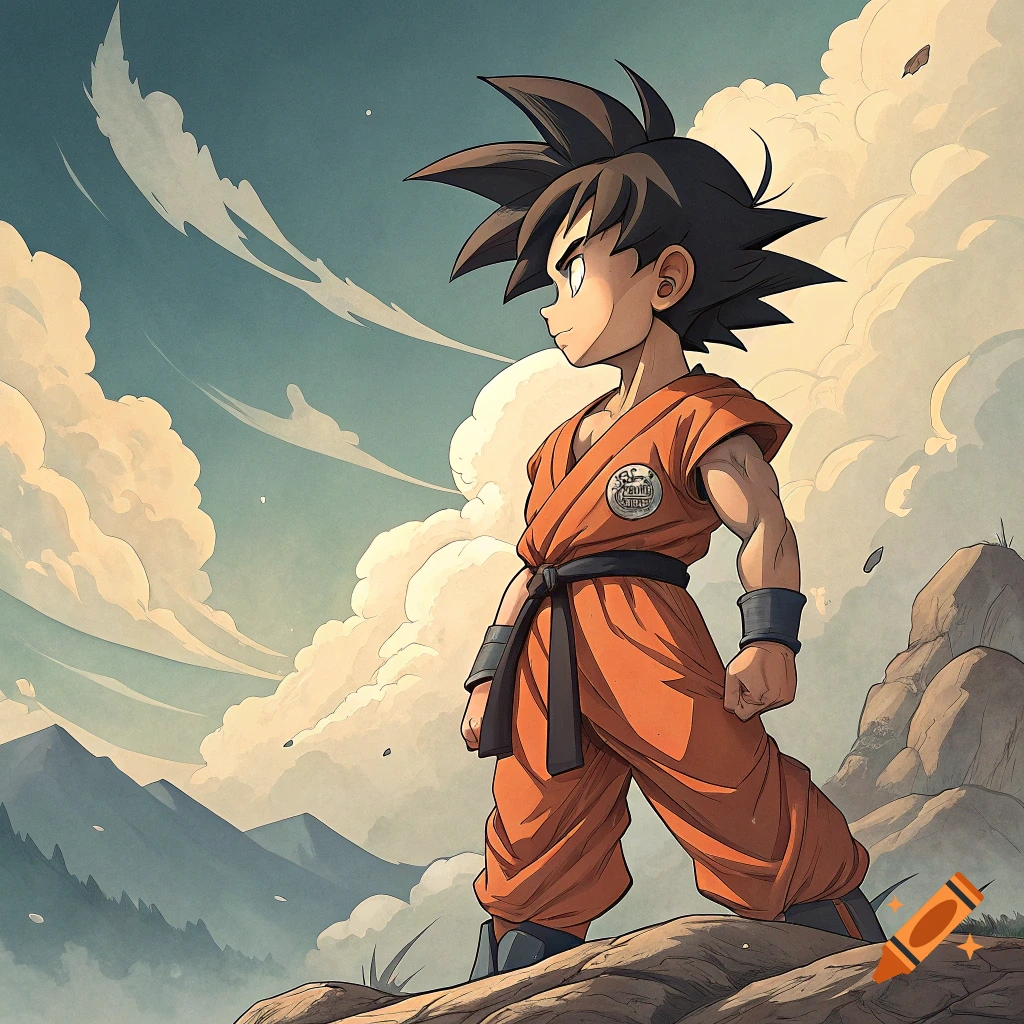 Anime character Goku standing on a rock looking left, with clouds and mountains in the background.