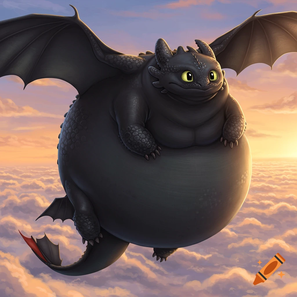 A cartoon style depiction of a very round black dragon flying above clouds at sunset.