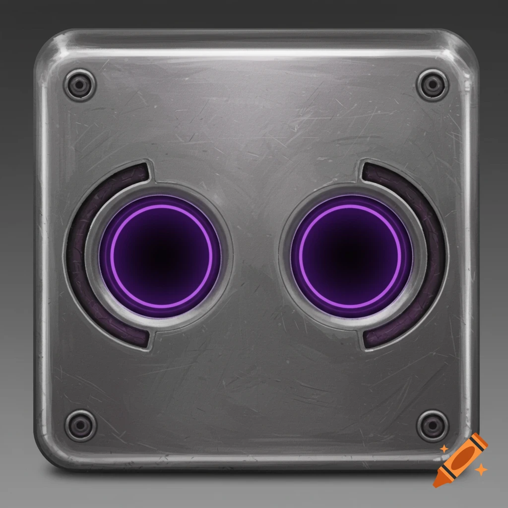 A metallic box with two glowing purple circles