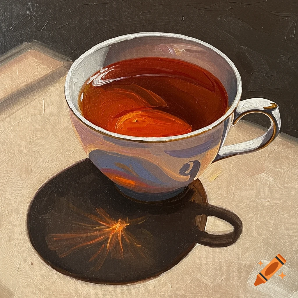 Acrylic or watercolor painting of a tea cup casting a shadow.