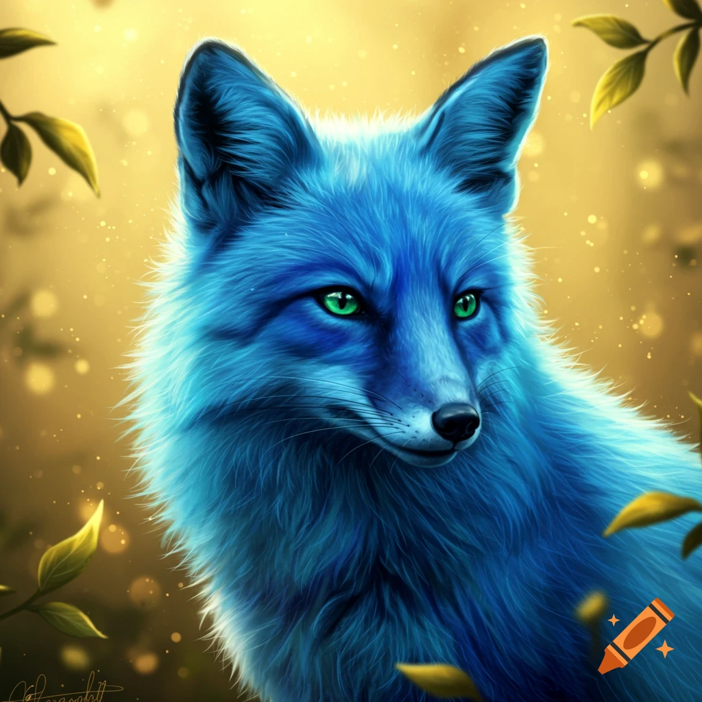 A blue fox with green eyes is surrounded by golden leaves and glowing particles.