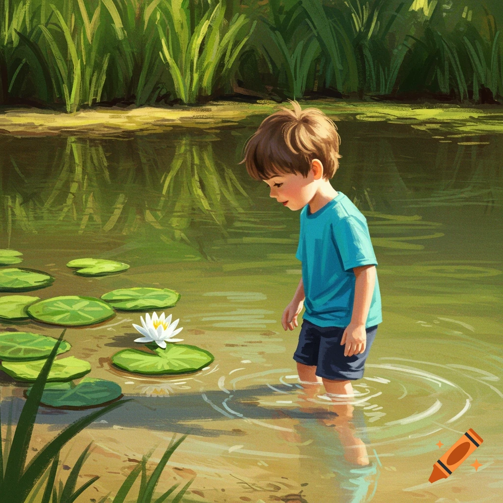 A boy standing in a pond looking at a water lily