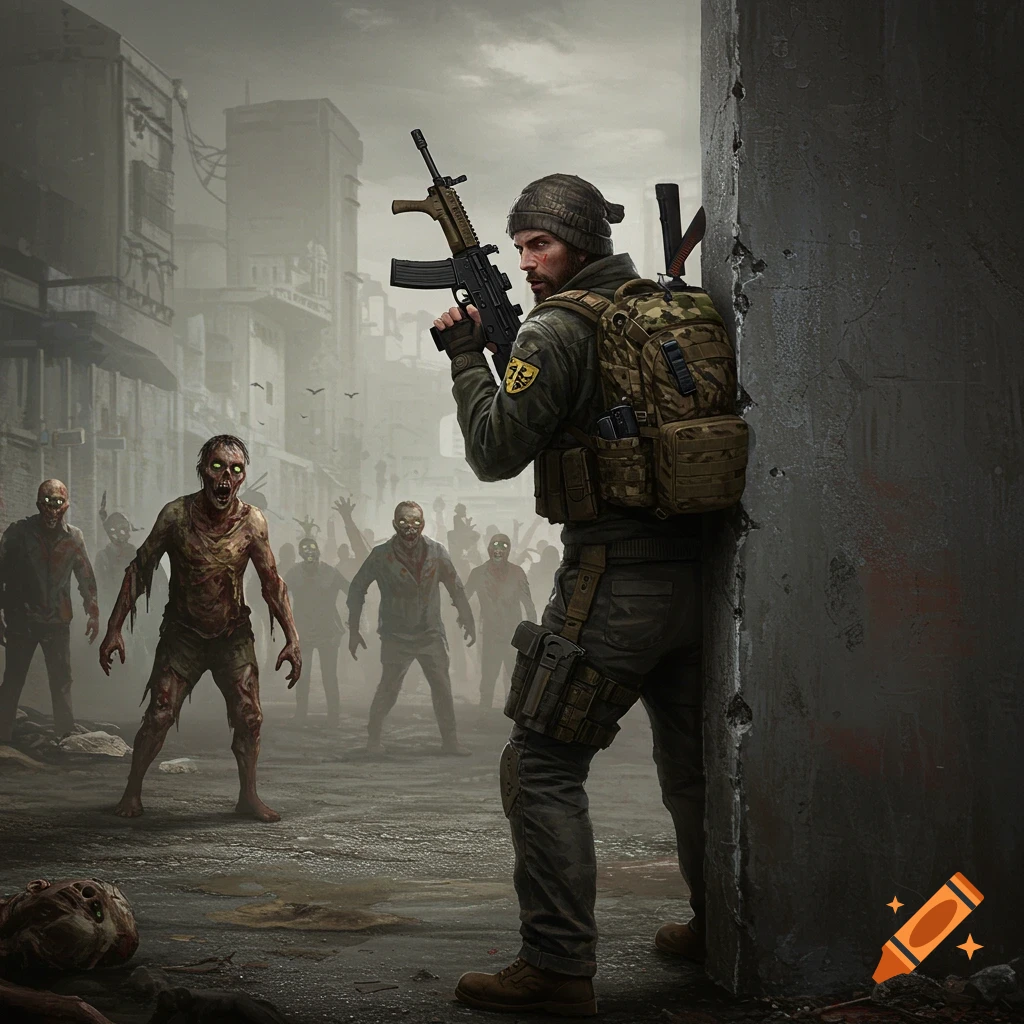 A survivor with a rifle peeks from behind a wall at a horde of zombies in a ruined city, digital art.
