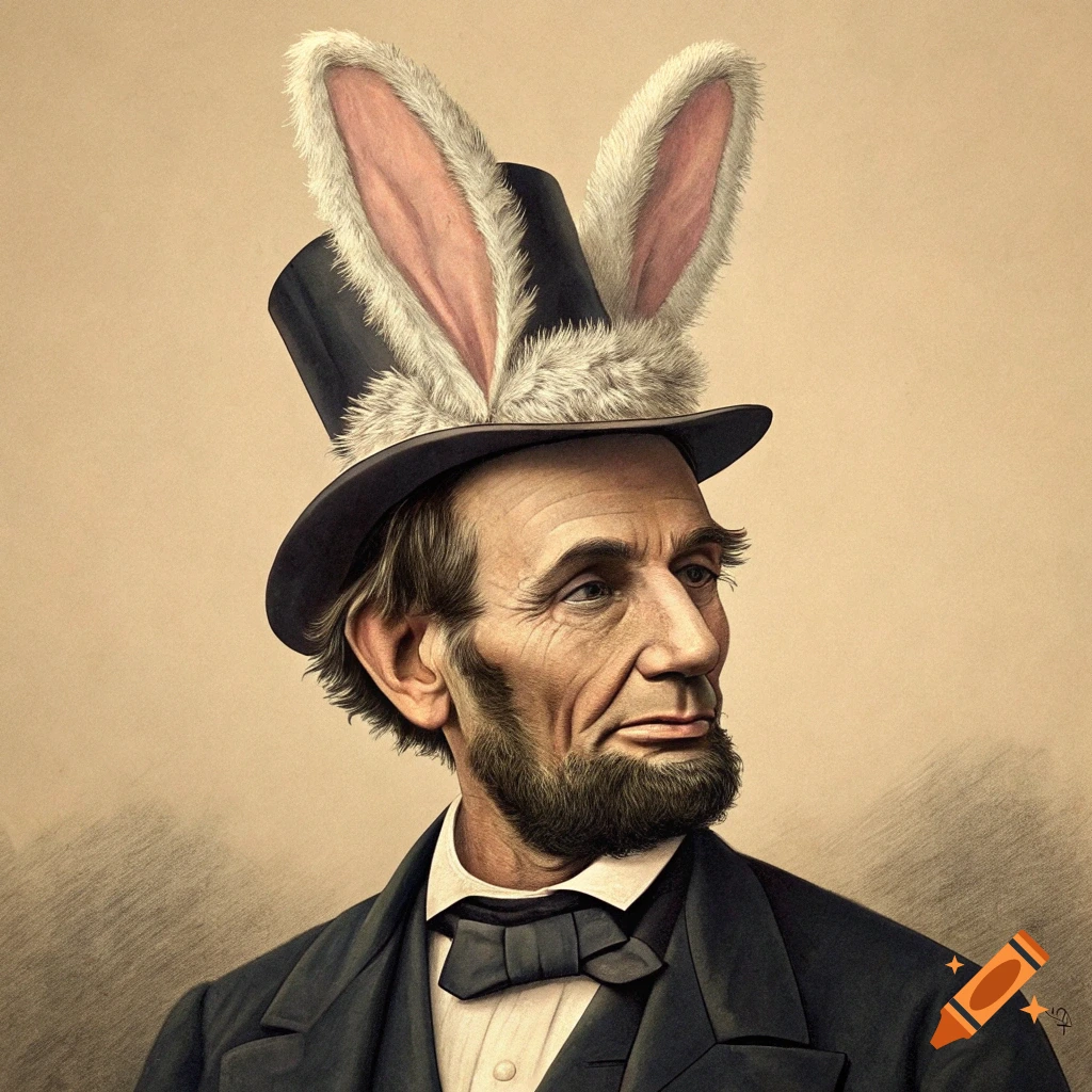 Illustration of Abraham Lincoln wearing a top hat with fuzzy bunny ears