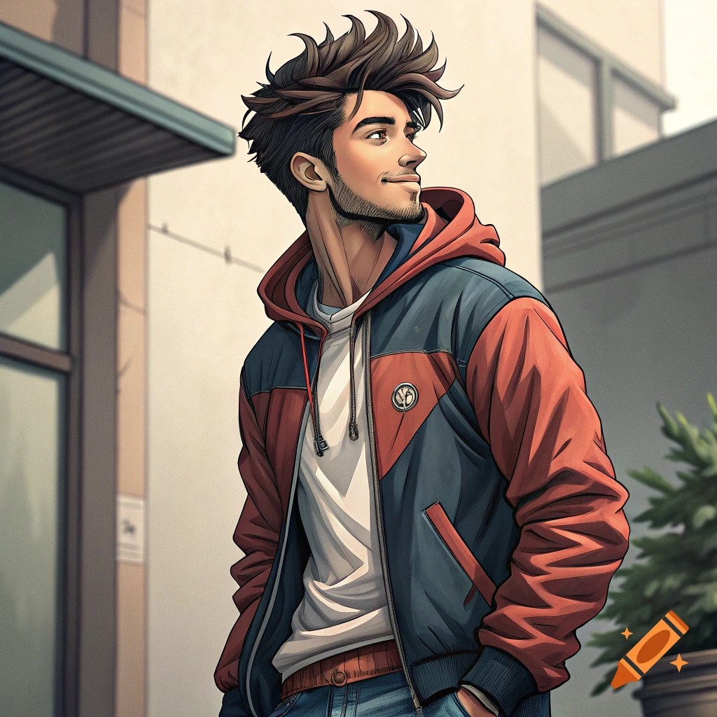 An illustrated man with spiky hair and beard wearing a red, white, and blue jacket.