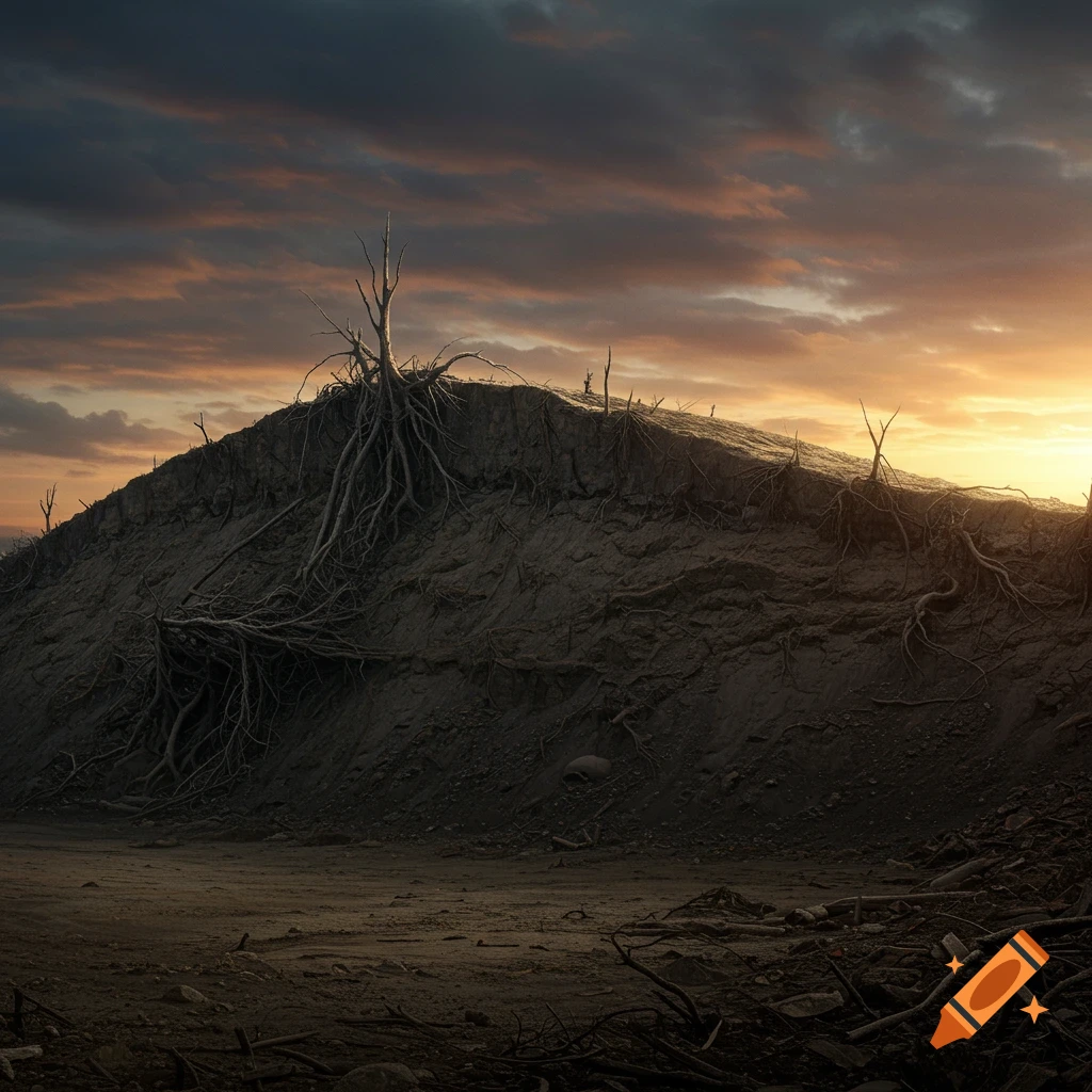 Photorealistic image of a large dirt berm with exposed roots under a dramatic sunset sky.