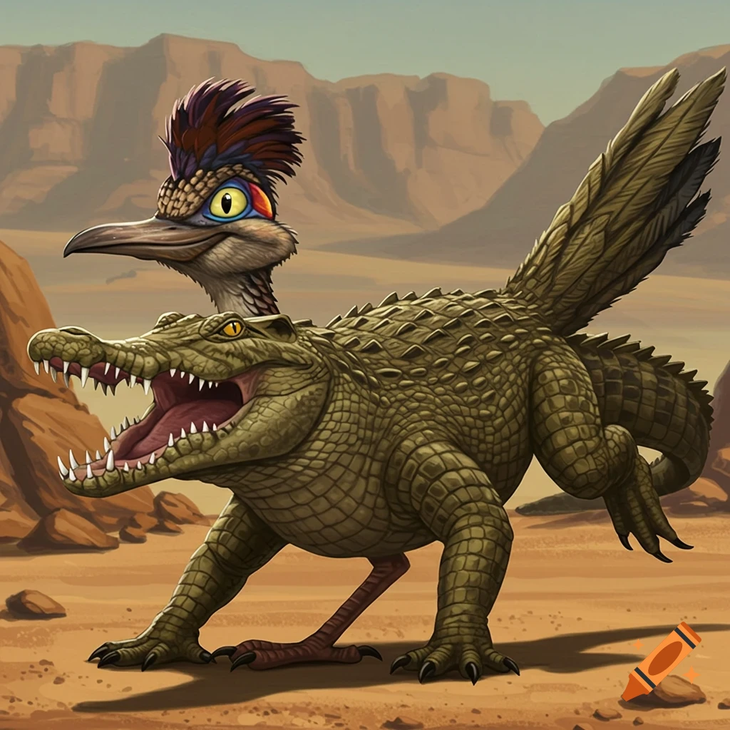 A Roadrunner and crocodile hybrid stands in a desert landscape.