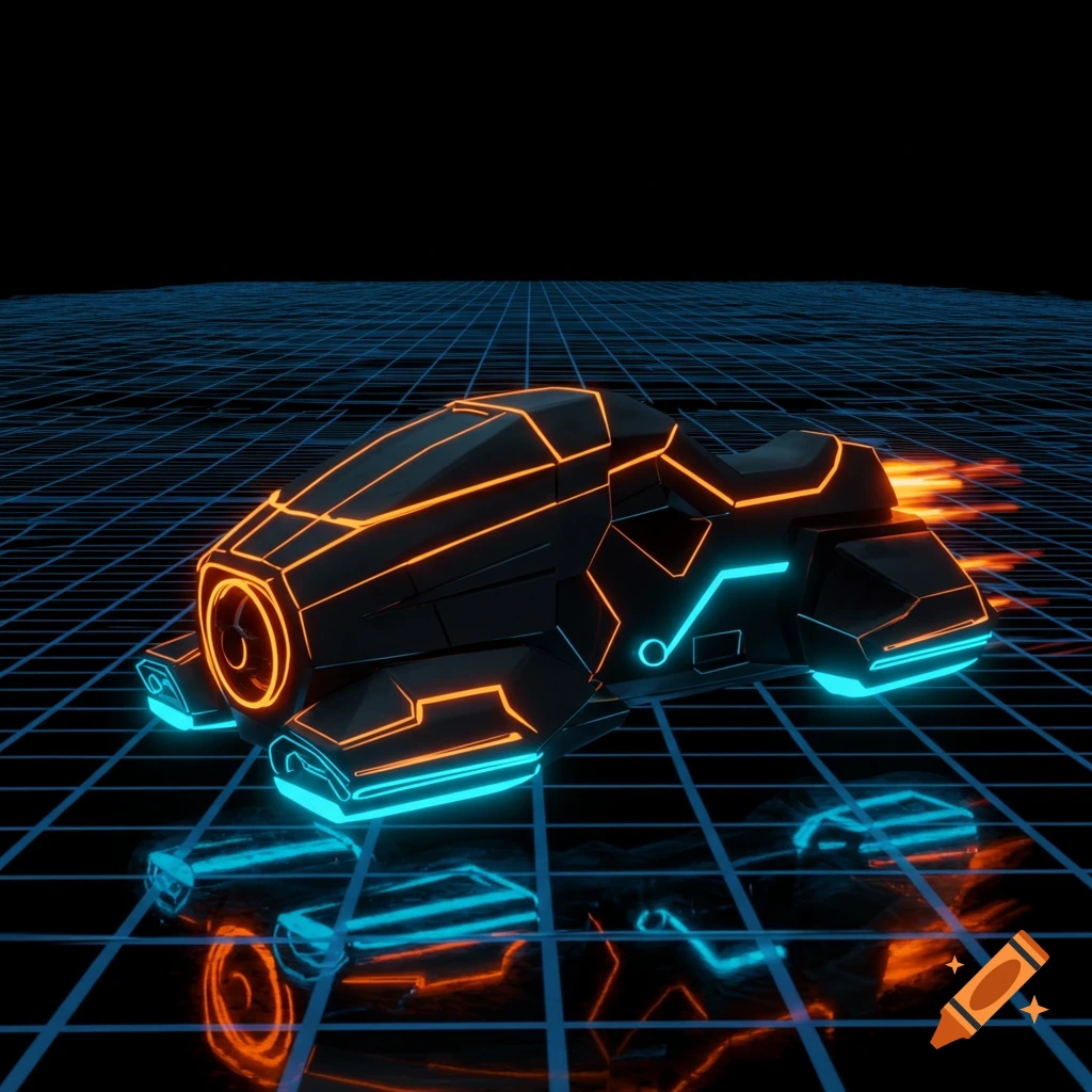A futuristic hover bike with orange and blue lights on a blue grid surface.