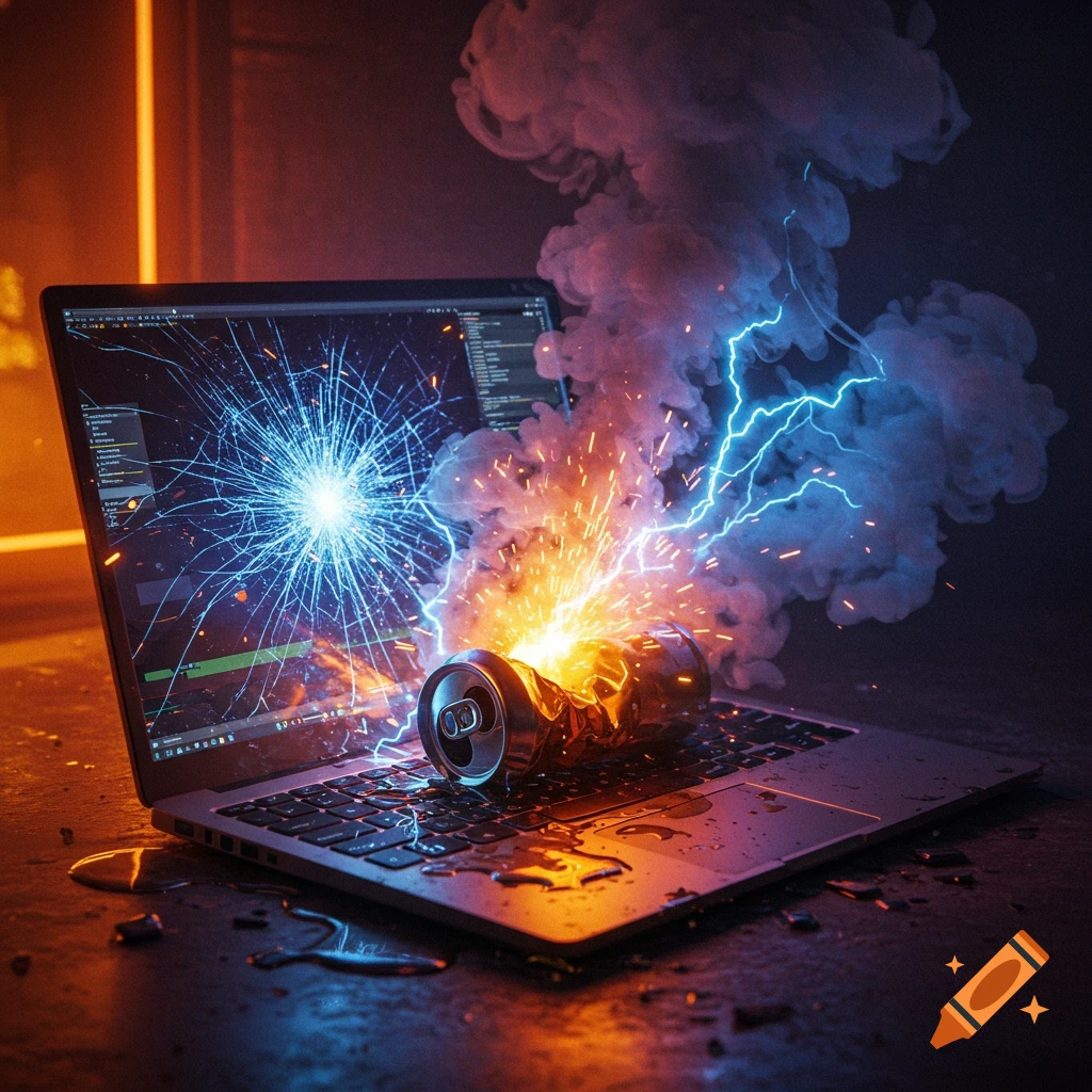 Crushed beer can on a shattered laptop keyboard with sparks, smoke, and lightning coming from it.