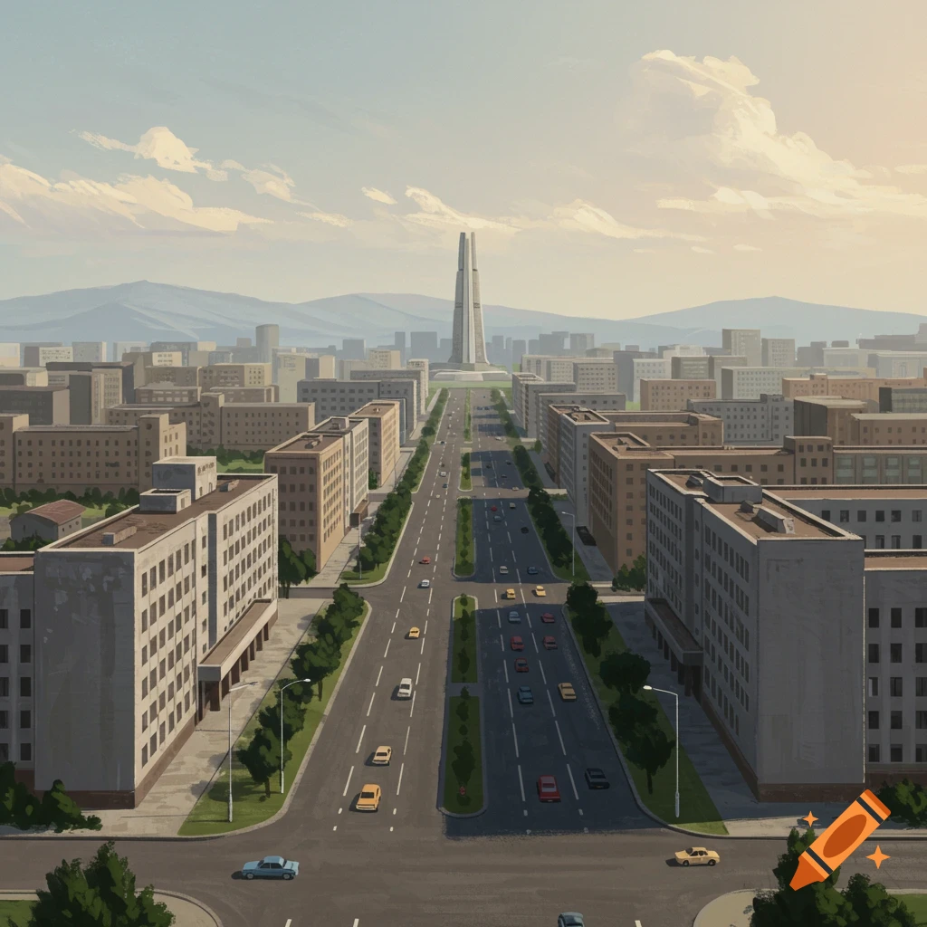 A wide city street lined with buildings, leading to a tall, modern tower in the distance.