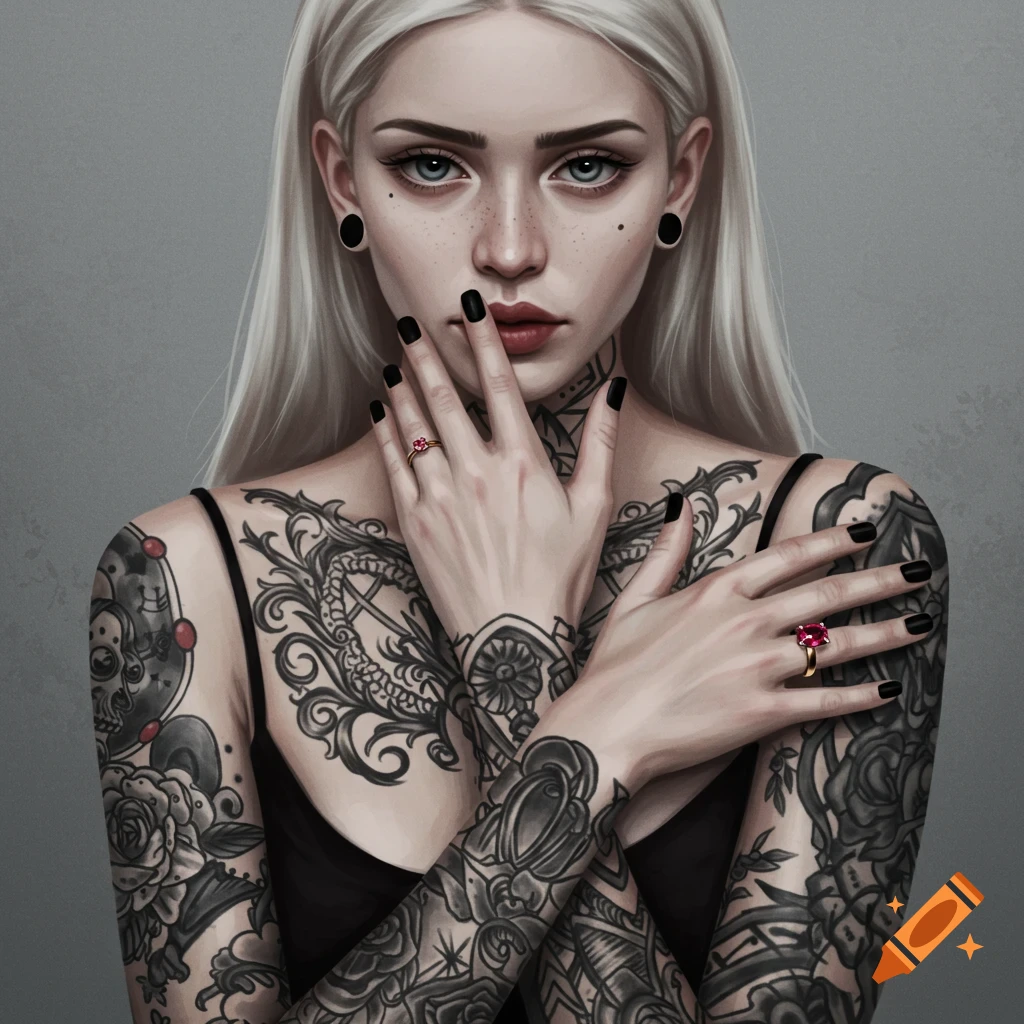 A woman with blonde hair and black nails, heavily tattooed arms and chest, wearing rings.