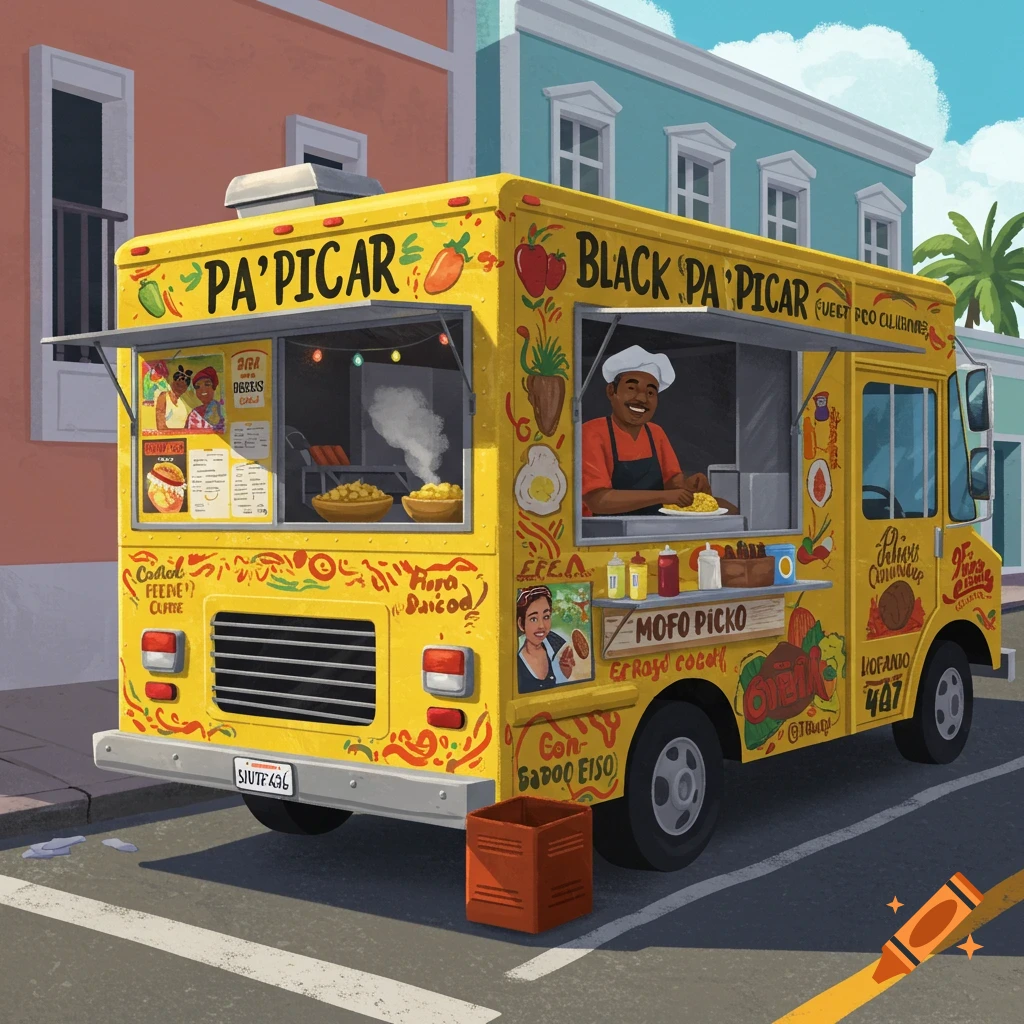 A yellow food truck with 'Black Pa'Picar' text and illustrations parked on a street.