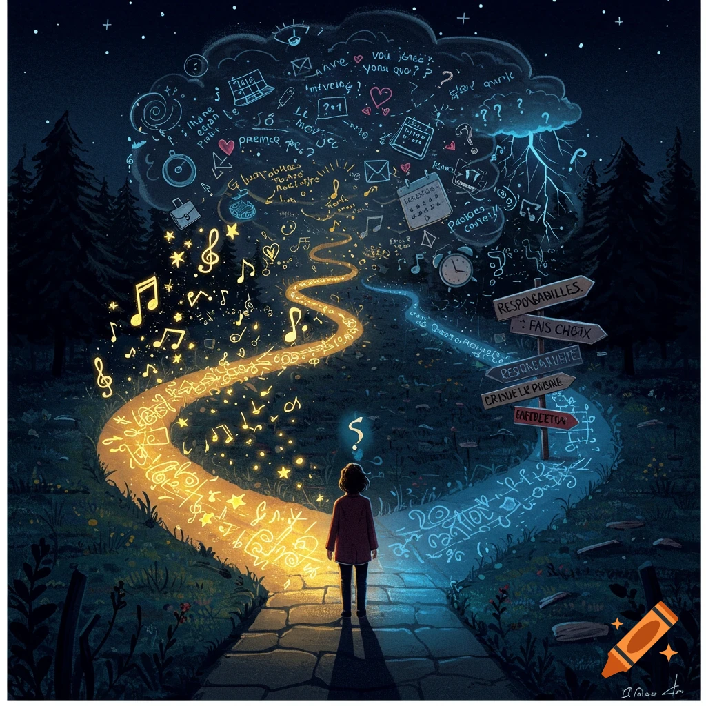 A person at a crossroads with glowing paths of music notes and symbols leading to a thought cloud.