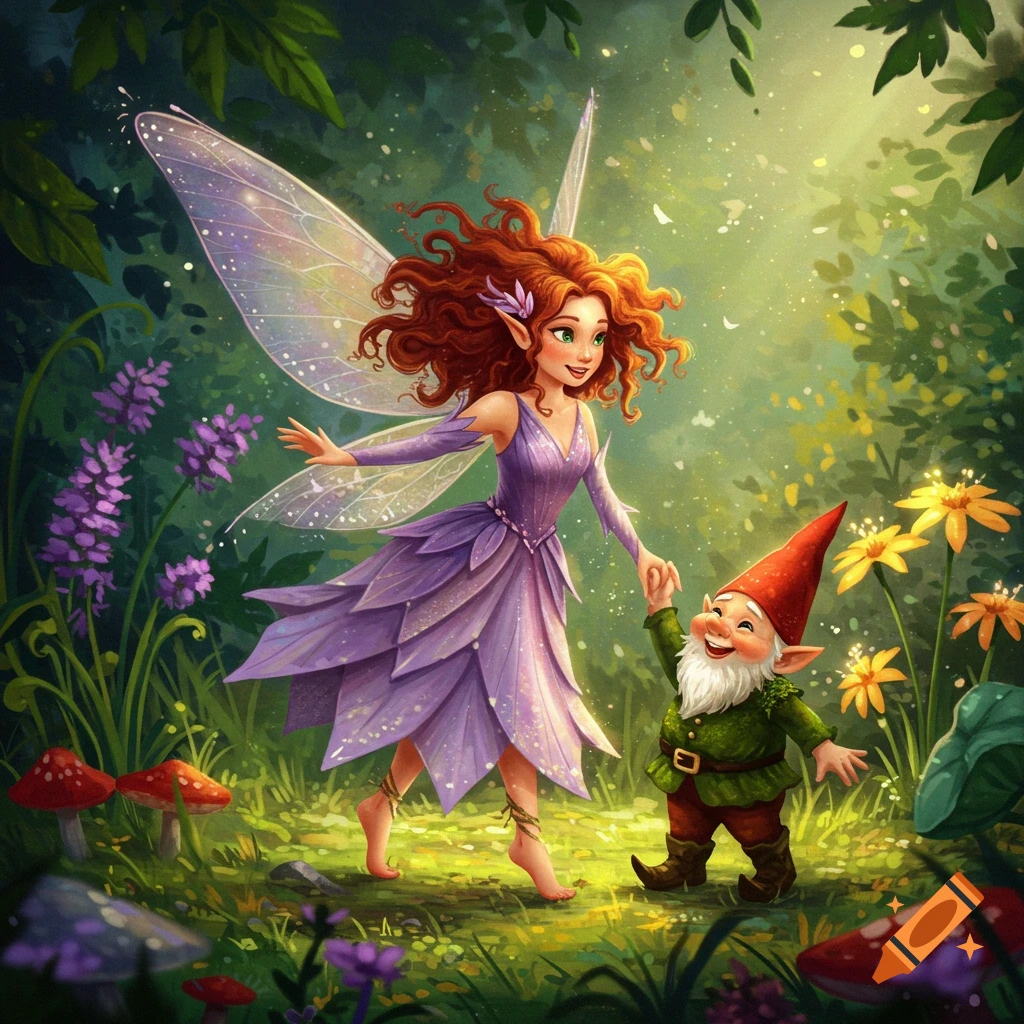 A fairy and a gnome dancing in a forest.