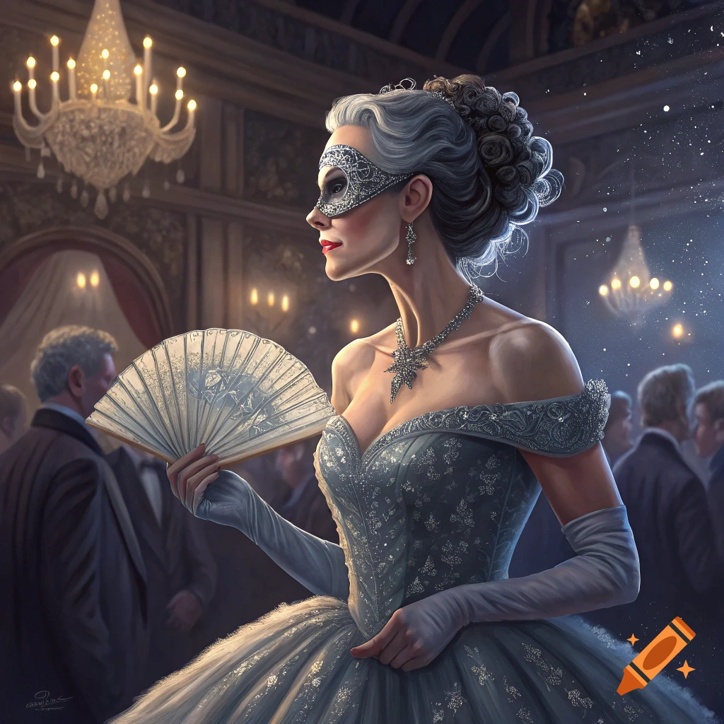 A woman in a silver dress and mask holds a fan at a masquerade ball.