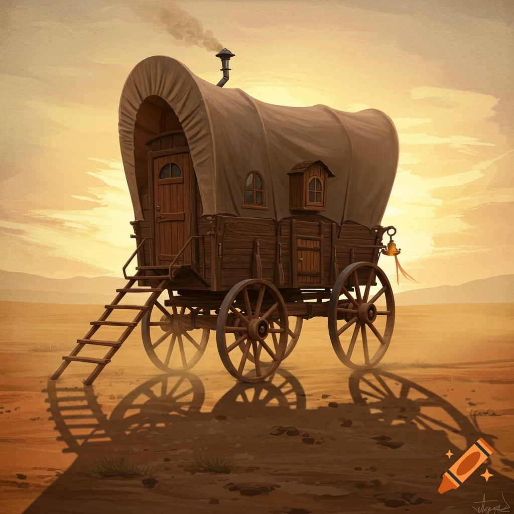 A covered wagon in a desert at sunset