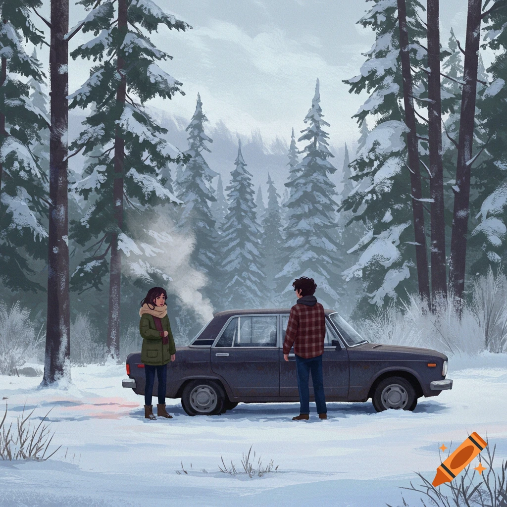 A couple stands next to their broken-down car in a snowy forest.