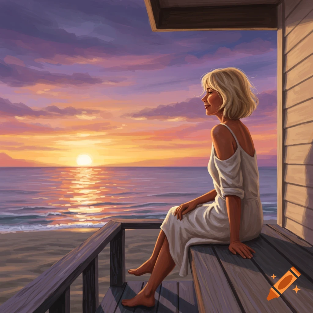 Woman with blonde hair sitting on a deck overlooking a beach at sunset.