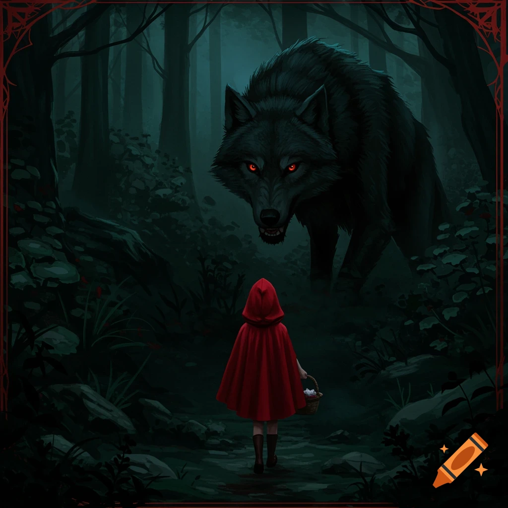Dark fantasy illustration of Little Red Riding Hood encountering a menacing wolf in a dark forest.