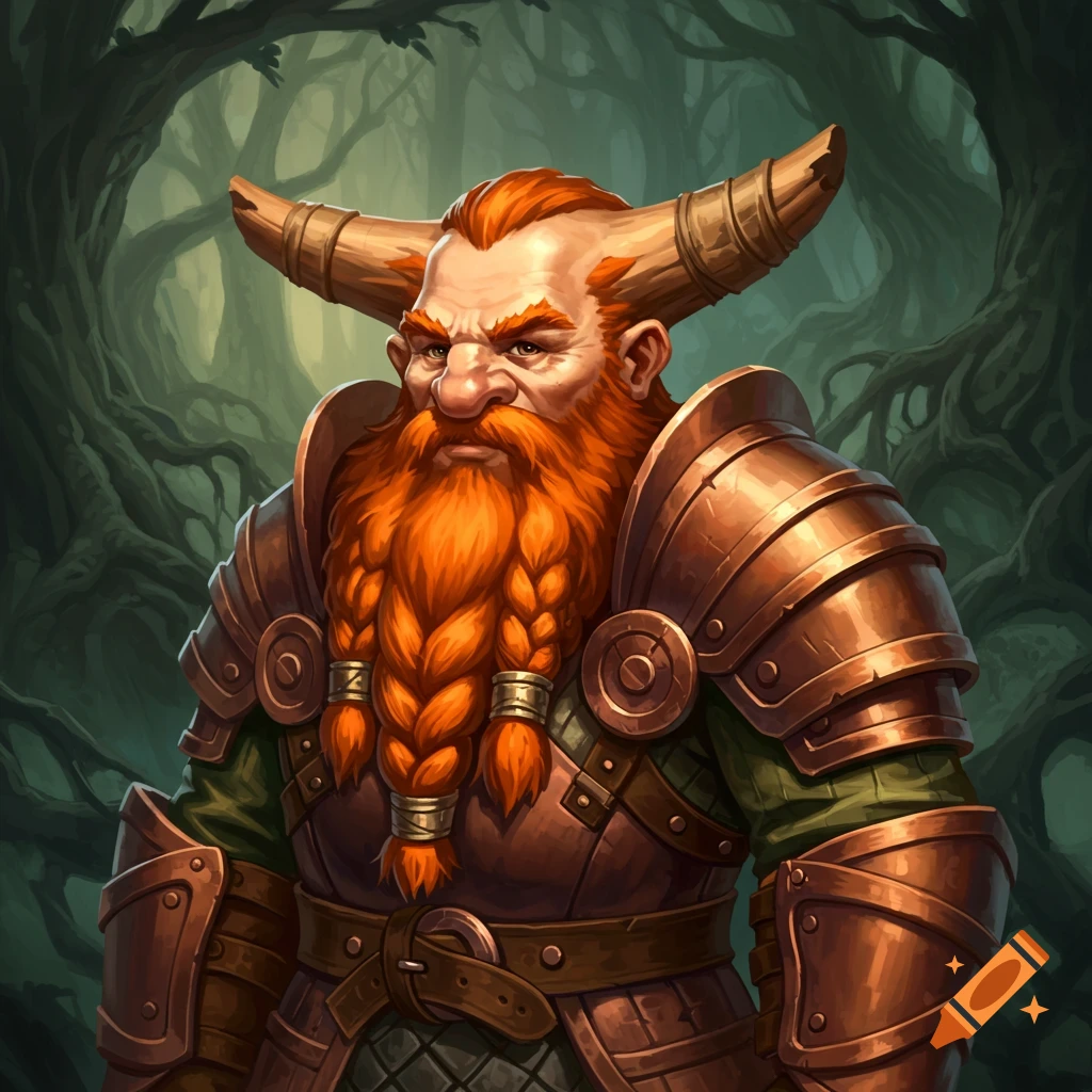 A fantasy dwarf warrior with a red beard, horns, and copper armor is in a forest.