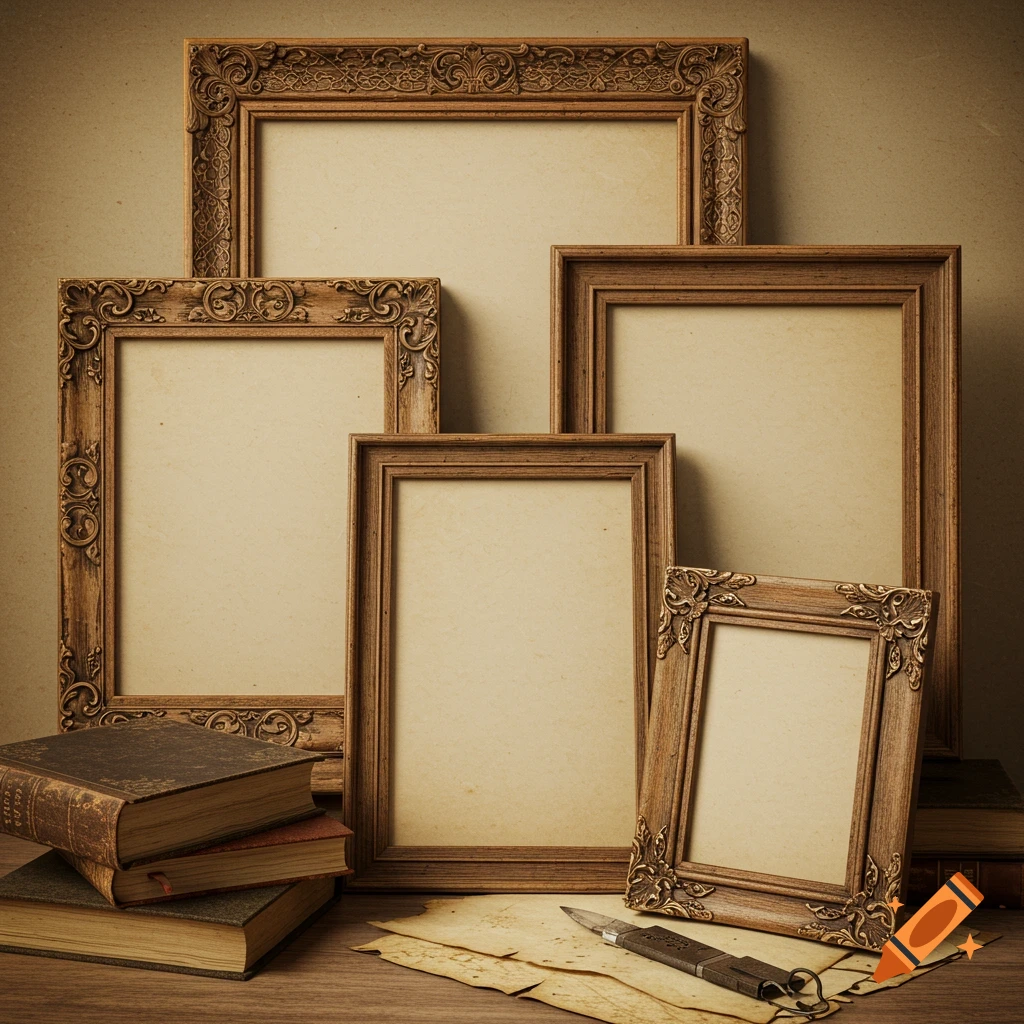 Antique wooden picture frames, stacked old books, papers, and a knife on a table in a photorealistic still life.
