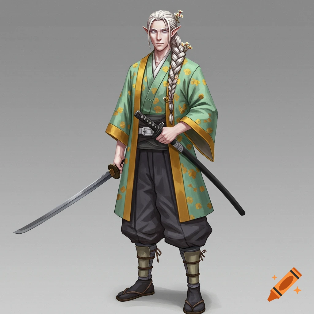 An elf swordsman in a green kimono and hakama holding two swords.