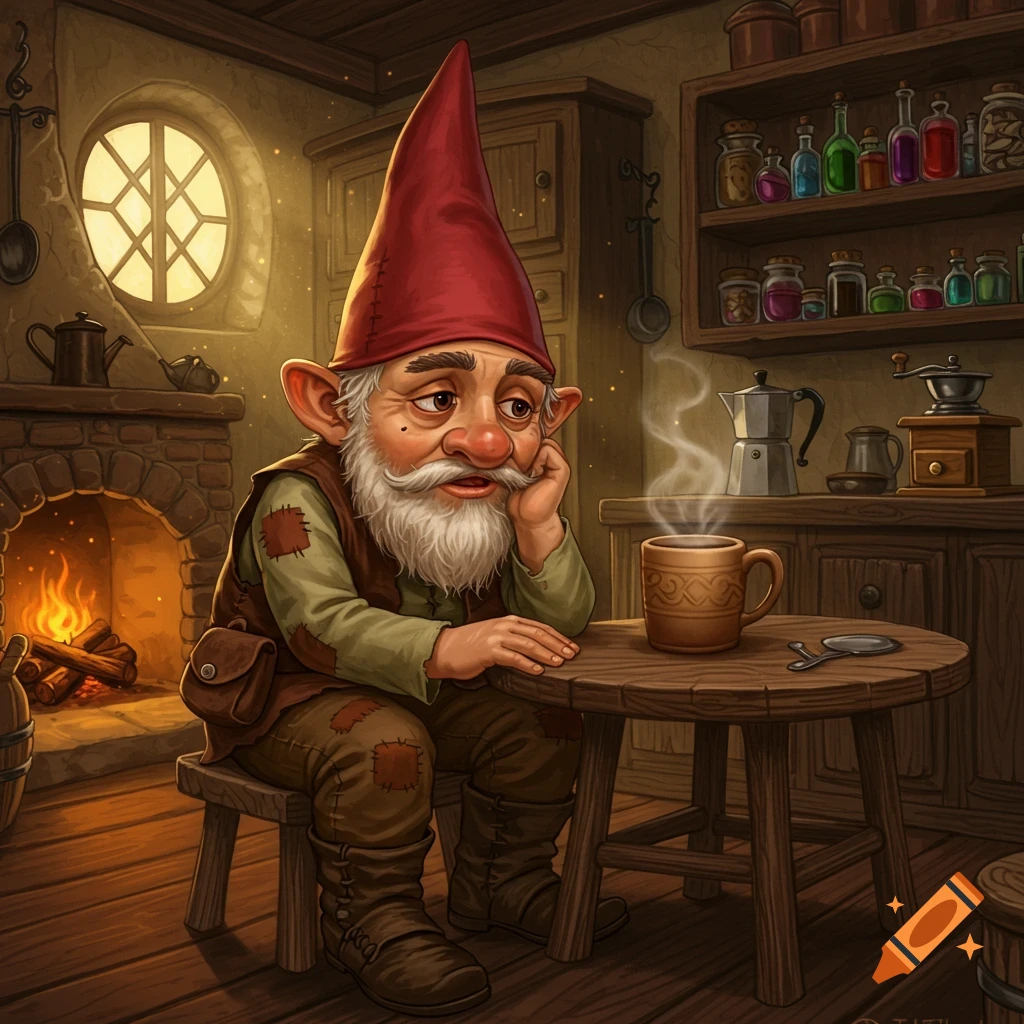 A tired gnome sits by a fireplace with a steaming mug of coffee.